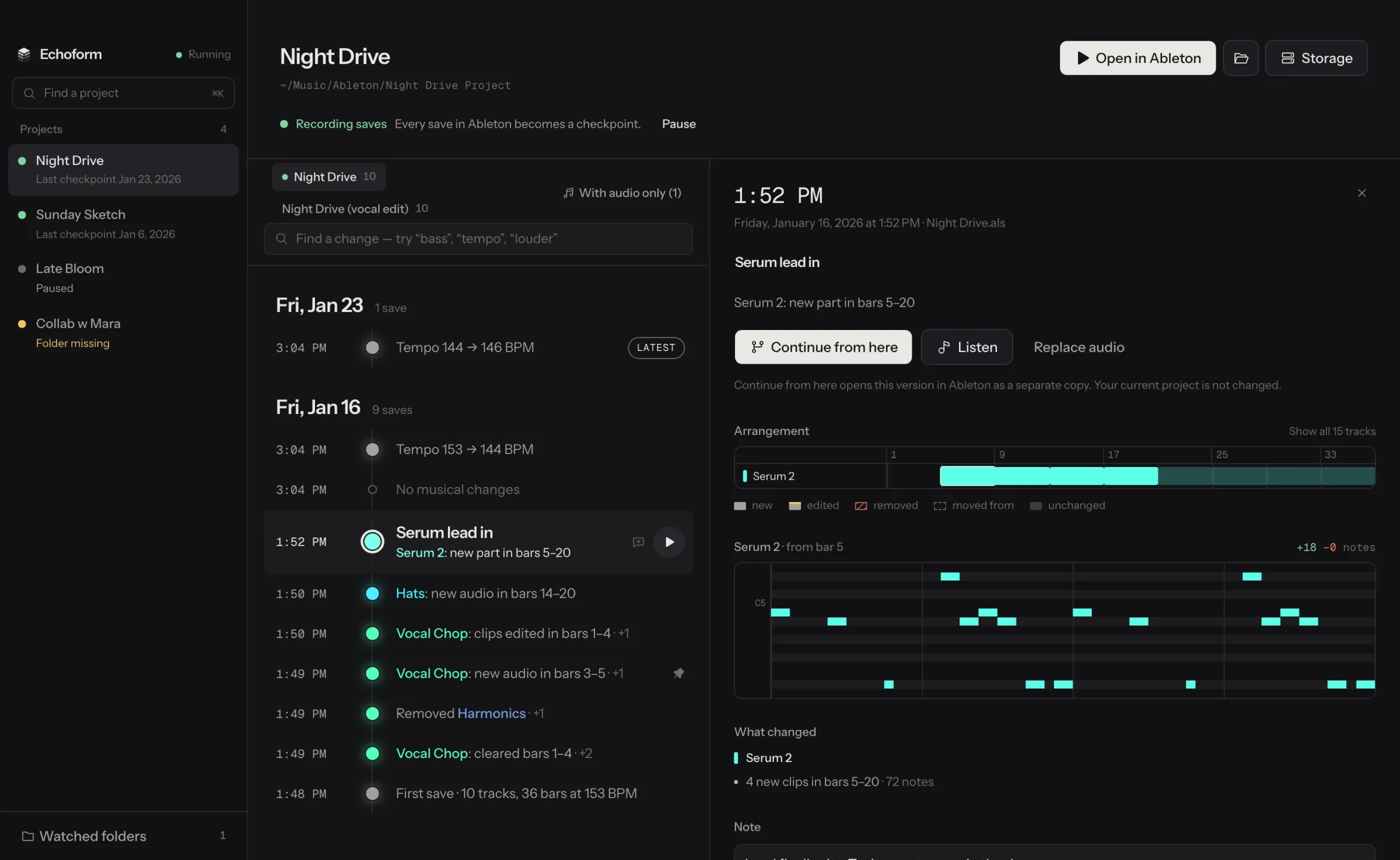 Echoform showing a project's saves. Each save says what changed, like “Serum 2: new part in bars 5–20”. The selected save shows the new part in the arrangement and its notes in a piano roll.