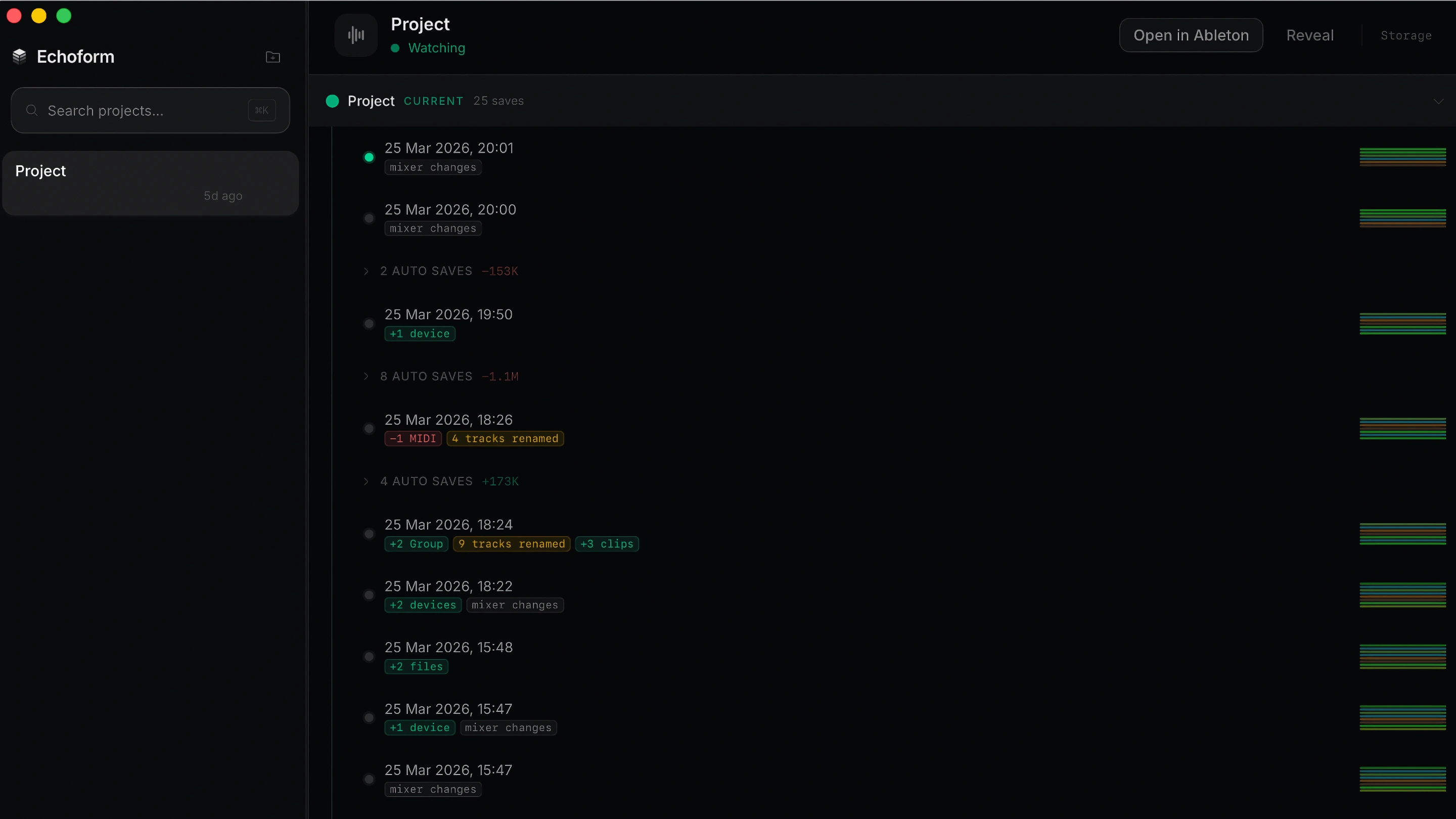 Echoform desktop app showing project history, saved versions, and change previews.